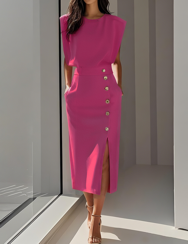 Babette | Jednolita sukienka midi z rozcięciem na guziki i okrągłym dekoltem
