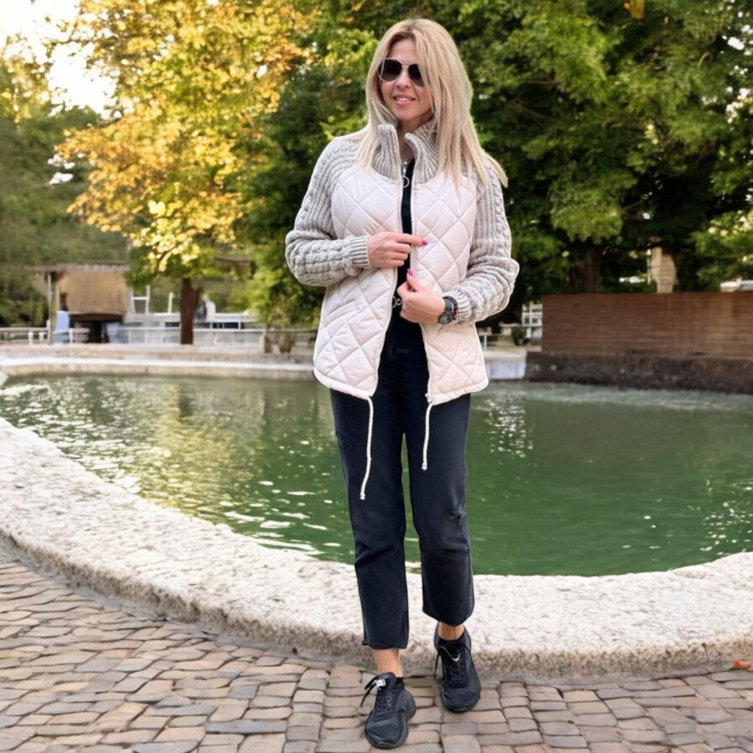 Pilla | Pikowana Kurtka z Dzianinowymi Rękawami i Wysokim Kołnierzem