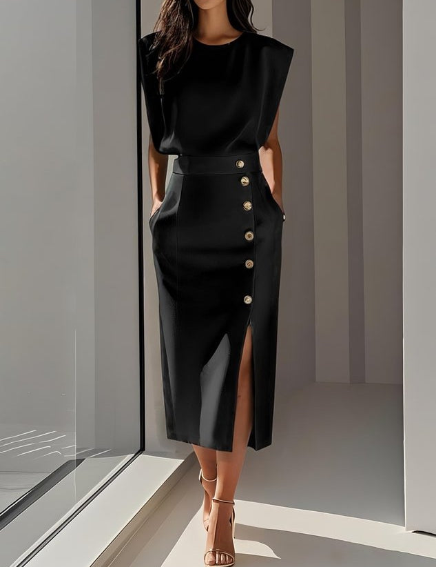 Babette | Jednolita sukienka midi z rozcięciem na guziki i okrągłym dekoltem