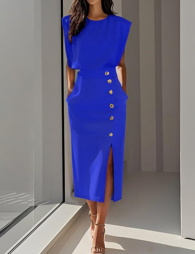 Babette | Jednolita sukienka midi z rozcięciem na guziki i okrągłym dekoltem