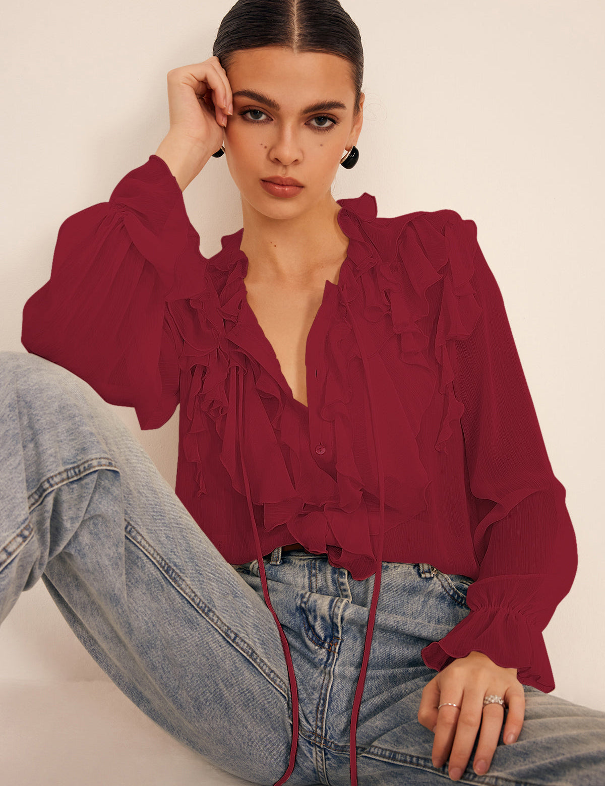 Cienka bluzka z falbanami z chiffon