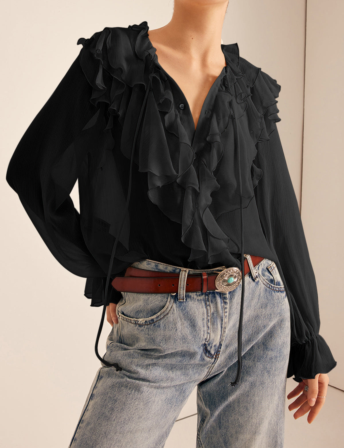 Cienka bluzka z falbanami z chiffon