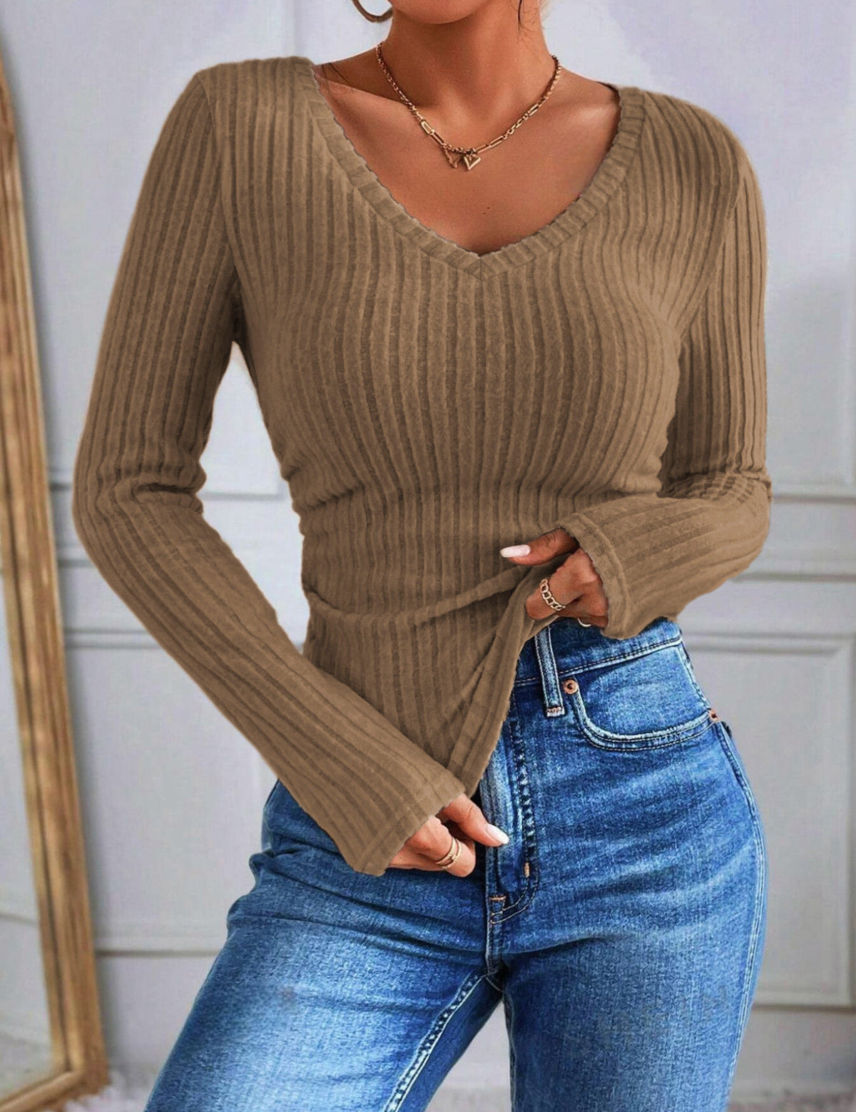 Bluzka Skinny z Dekoltem w Serek i Paskami