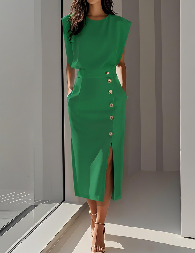 Babette | Jednolita sukienka midi z rozcięciem na guziki i okrągłym dekoltem